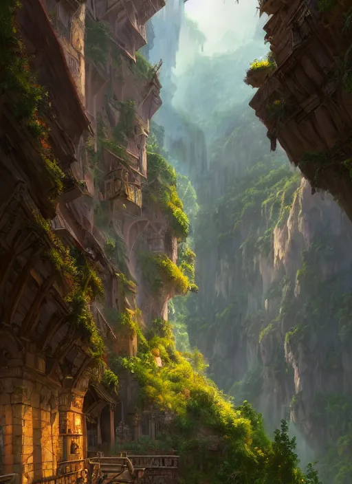 Image similar to medieval city built on terraces in a gigantic canyon, lots of buildings connected by hanging bridges, waterfalls, warm glow coming the ground, lush vegetation, pitchblack sky, extremly detailed digital painting, in the style andreas rocha and greg rutkowski and peter mohrbacher, rim light, beautiful lighting, 8 k, stunning scene, octane, trending on artstation