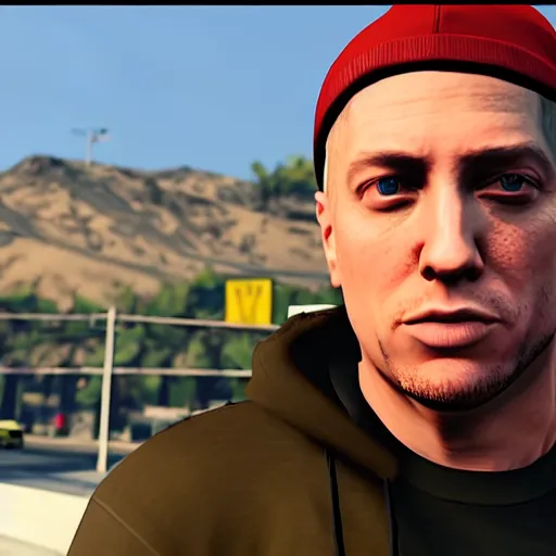 Image similar to Screenshot of Eminem in the game GTA V, highly detailed