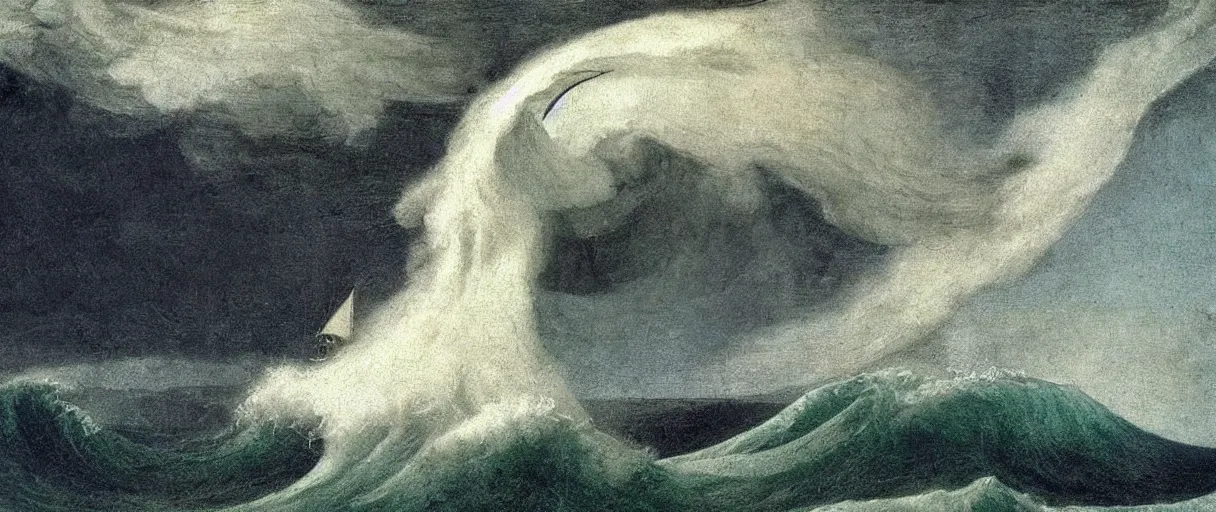 Prompt: sailboat on giant wave, sea monster lurking inside wave, Leonardo DaVinci style