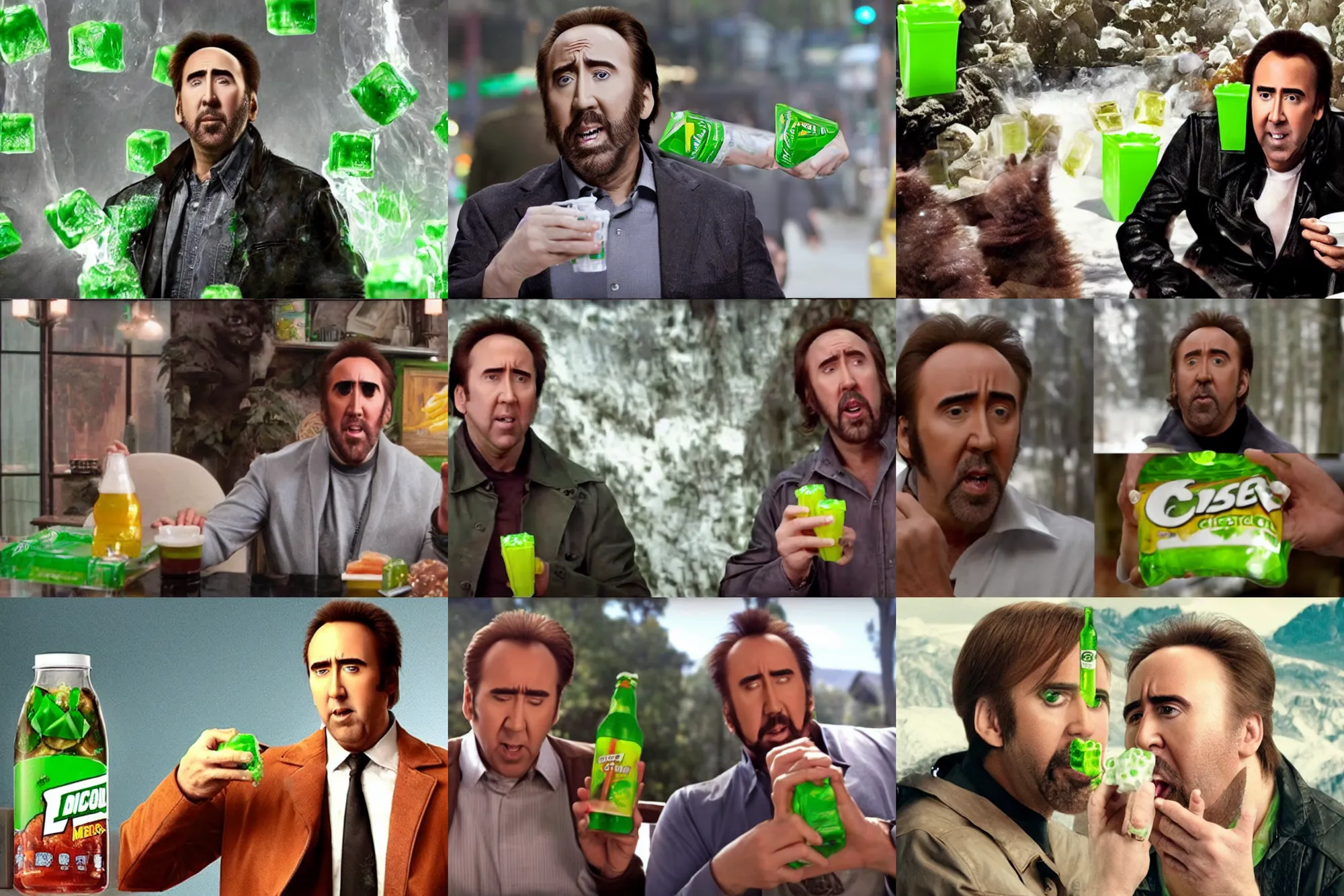 Prompt: nicolas cage eating gelatinous mountain dew cubes, commercial advertisement