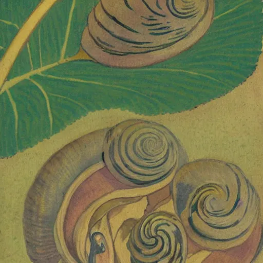 Image similar to snails in their shell by Maurice Denis, close-up, botanical illustration