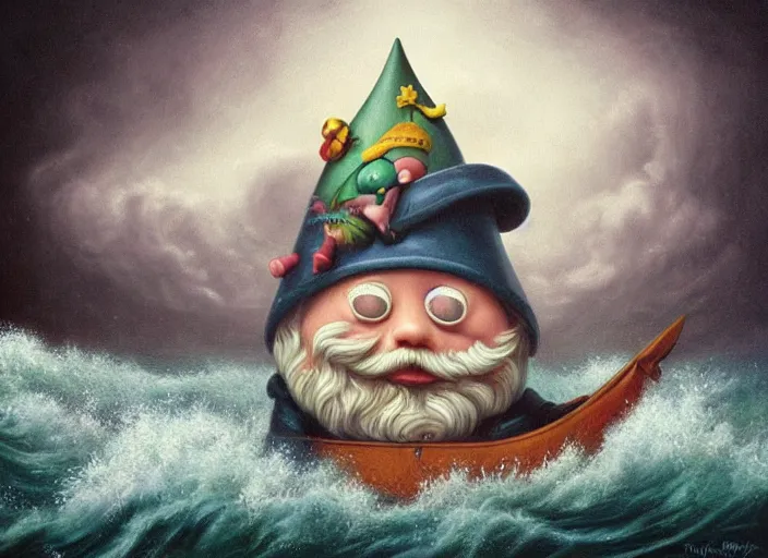 Prompt: a terrified garden gnome sailing in a bucket, background of raging ocean on a stormy day with dramatic clouds, an ultrafine detailed painting by mark ryden, trending on deviantart, pop surrealism, whimsical, lowbrow, rainy, perfect symmetrical face