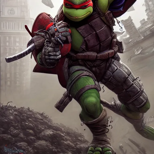 Image similar to teenage mutant ninja turtle, Boris Johnson, marvel, dark, intricate, highly detailed, smooth, artstation, digital illustration by Ruan Jia and Mandy Jurgens and Artgerm and Wayne Barlowe and Greg Rutkowski and Zdislav Beksinski, octane render, hyper realistic, sharp focus, 8k