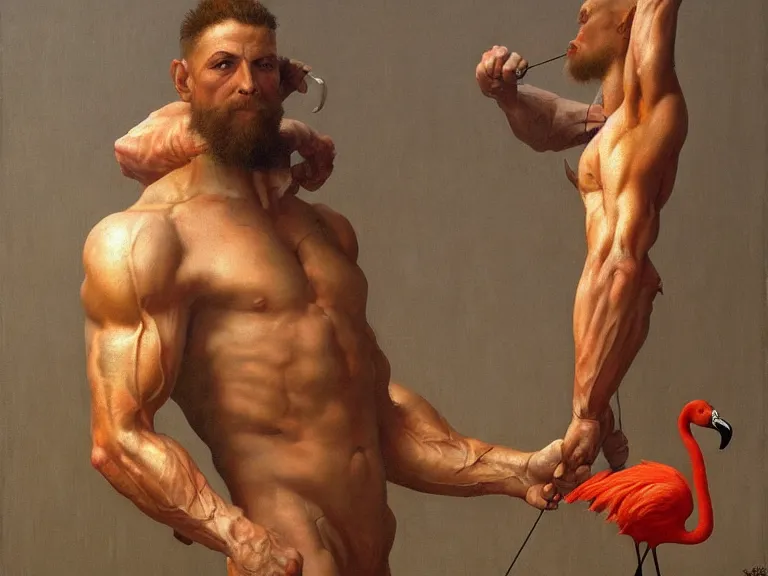 Prompt: a detailed painting of a bodybuilder with flamingo legs by beksinski carl spitzweg and tuomas korpi. baroque elements. baroque element. intricate artwork by caravaggio. Oil painting. Trending on artstation. 8k