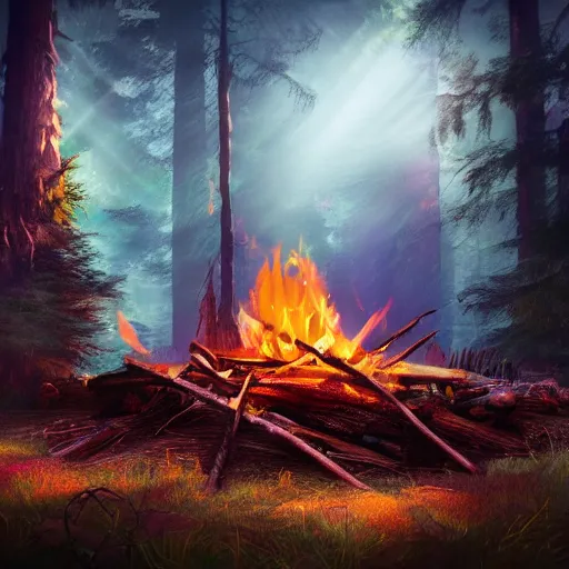 Image similar to a campfire in a surreal world, 8k resolution concept art hyperdetailed trending on Artstation Unreal Engine ominous photorealistic sunshine rays colourful beautiful bokeh ambient occlusion, dynamic lighting, stunning visuals, creative, concept art, trending on art station, ultra detailed