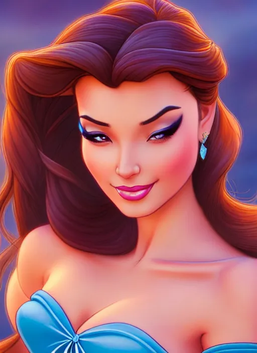 Image similar to gorgeous disney princess jasmine and princess belle, professionally retouched, muted colors, soft lighting, realistic, smooth face, full body shot, torso, dress, perfect eyes, sharp focus on eyes, 8 k, high definition, insanely detailed, intricate, elegant, art by j scott campbell and artgerm