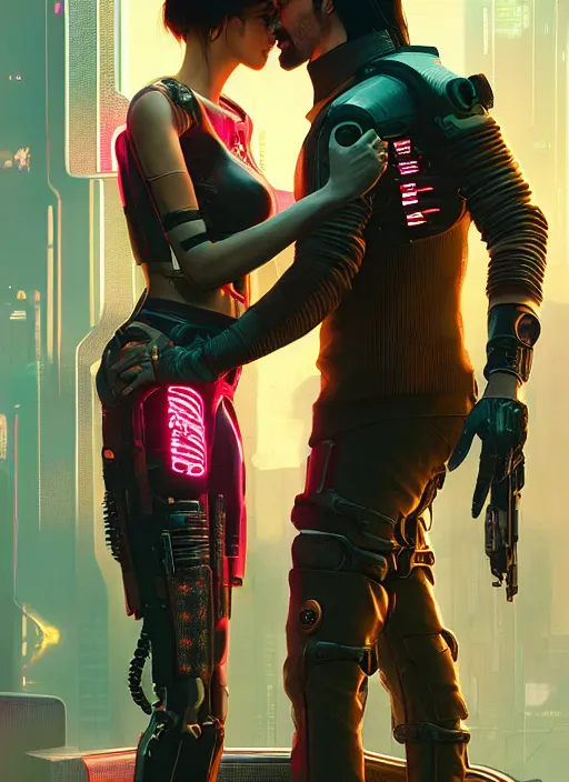 Prompt: a cyberpunk 2077 srcreenshot couple portrait of Keanu Reeves & female android in final kiss,love,film lighting,by Laurie Greasley,Lawrence Alma-Tadema,Dan Mumford,artstation,deviantart,FAN ART,full of color,Digital painting,face enhance,highly detailed,8K,octane,golden ratio,cinematic lighting