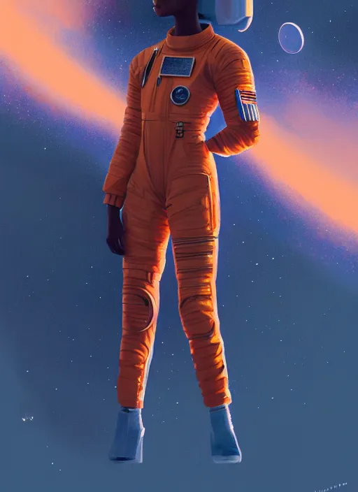 Image similar to full body portrait of young black woman as an astronaut, orange flight jumpsuit, intricate, beautiful and elegant, highly detailed, digital painting, artstation, concept art, smooth, sharp focus, illustration, art by wlop, mars ravelo and greg rutkowski