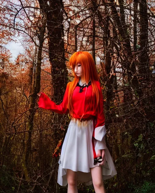 Image similar to beautiful Asuka Langley from evangelion as a real person dressed as a slavic priestess in holy birch forest in spring, 35mm, iPhone photo, HDR, DSLR, cinematic, trending on Instagram, 8k, 4k