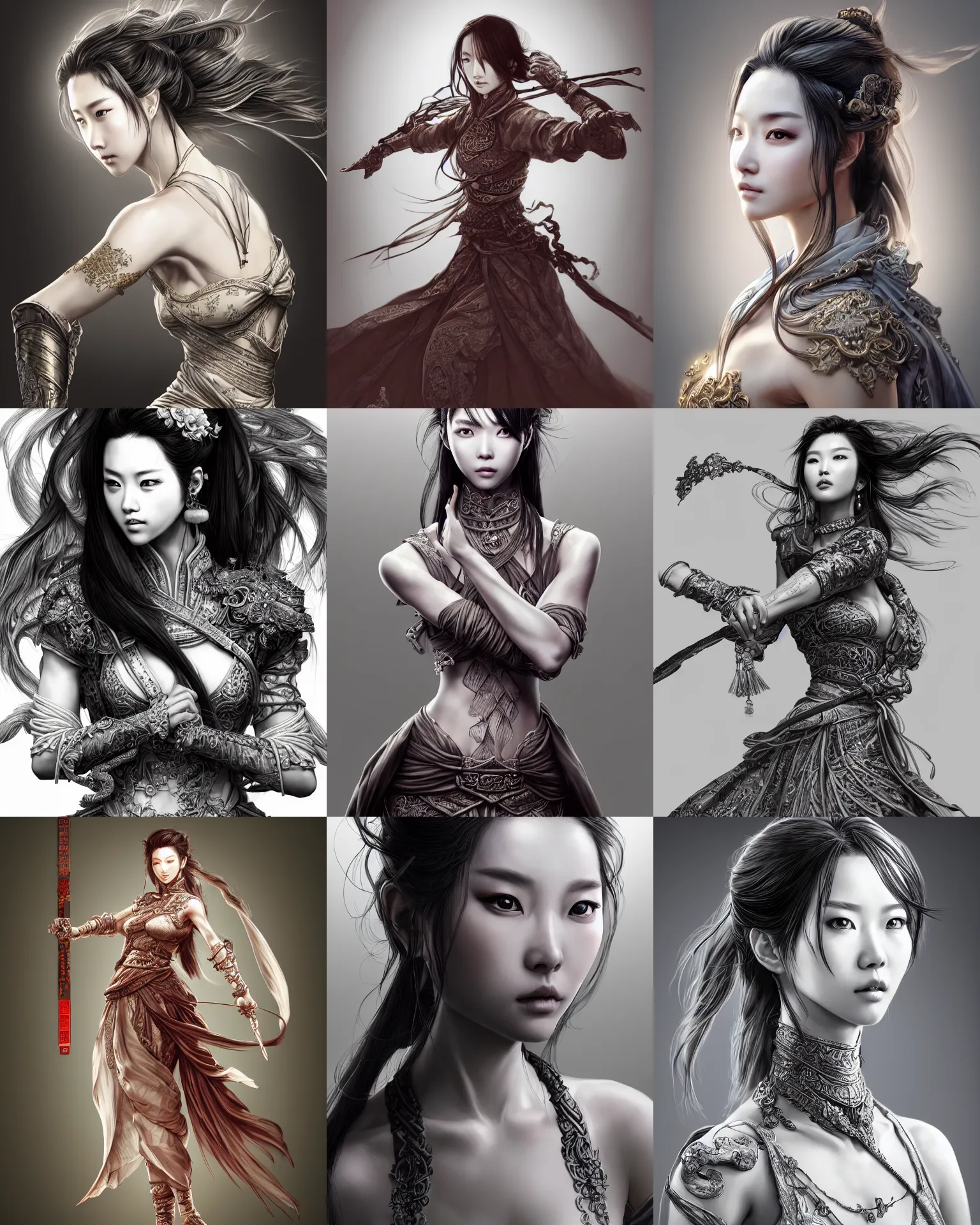 Prompt: upper half body portrait of stunning female wuxia super model absurdly beautiful, gorgeous, elegant, an ultrafine hyperdetailed illustration by kim jung gi, irakli nadar, artgerm, intricate linework, octopath traveler, final fantasy, unreal engine 5 highly rendered, global illumination, radiant light