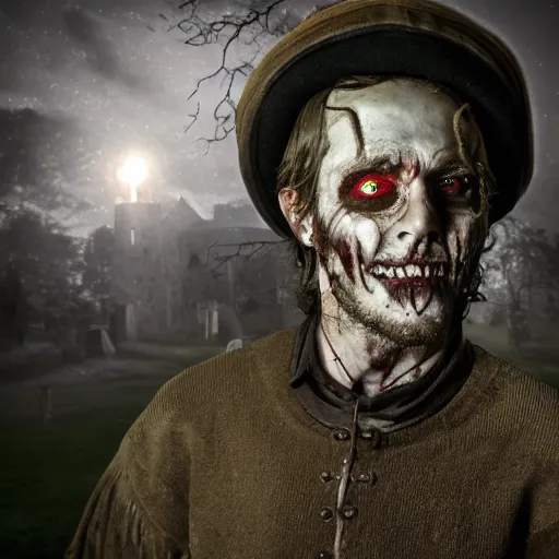 Prompt: head and shoulders photo portrait of a male medieval villager zombie in a nighttime medieval graveyard, d & d