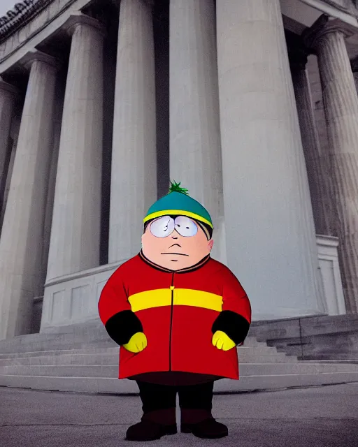 Image similar to Studio Photograph of a real life Eric Cartman from South Park shot in the Style of Annie Leibovitz in front of the Lincoln Memorial