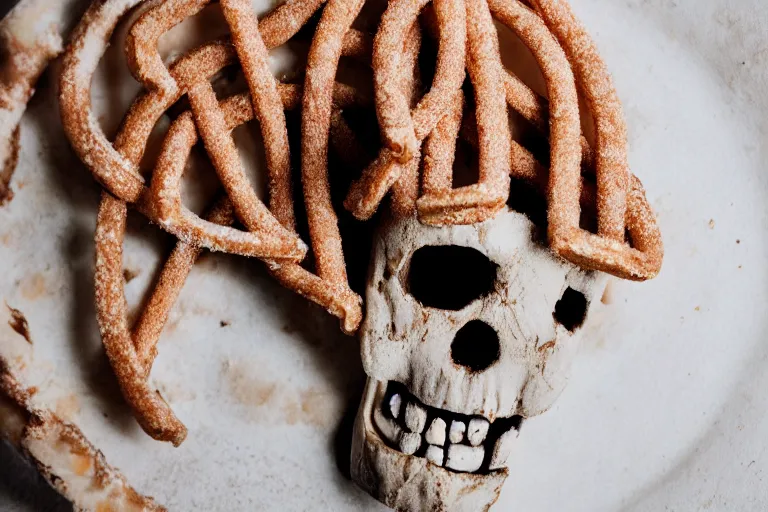 Prompt: aztec skull made of churros, food photography, food stylist, 35mm, centered, uncropped