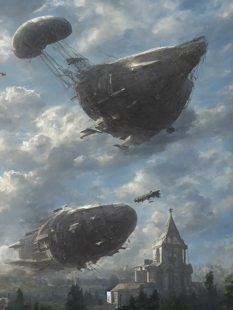 Prompt: a large dieselpunk airship is standing in the air over a splendid white church in russia, full morning sun, matte painting by greg rutkowski, craig mullins