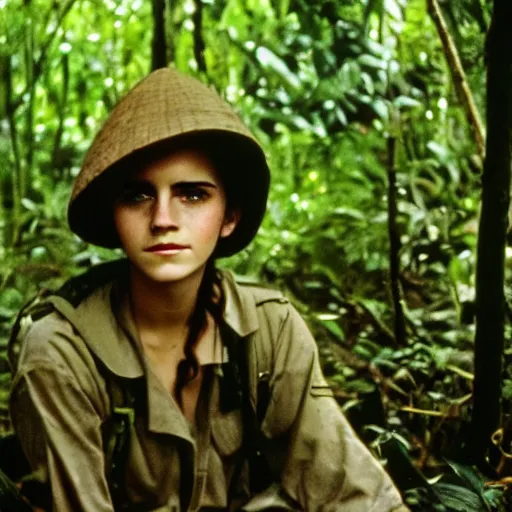 Image similar to film still, close up, portrait, emma watson soldier hiking through dense vietnam jungle, kodak ektachrome 1 9 7 3,