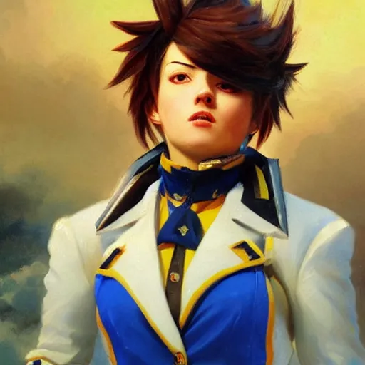 Prompt: oil painting of tracer overwatch in a field wearing spiked collar uniform, in style of ivan aivazovsky, expressive face, detailed face, detailed eyes, full body, feminine face, tracer overwatch,