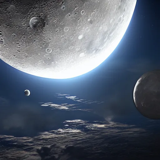 Image similar to rocket orbit around earth with a majestic view of the moon at the background, photorealistic, ultra - detailed, hdr shot, unreal engine rendering 4 k