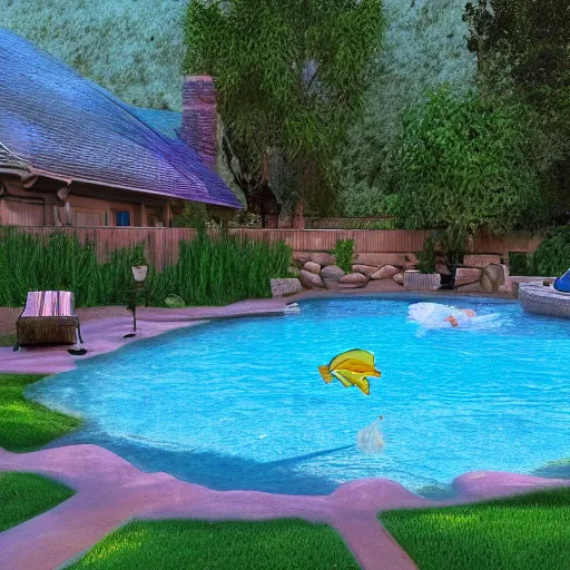 Prompt: a photo of the neighbors backyard with a swimming pool and a mermaid, photo realistic, award winning photo, detailed, vibrant, 8k, hd