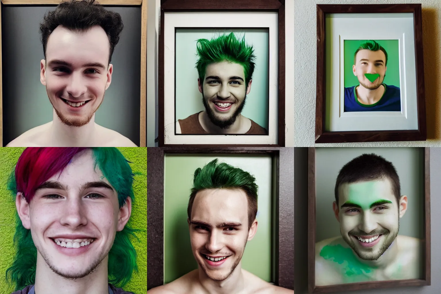Prompt: a high-quality picture of a young man, framed in a way that makes only his forehead visible, short unkempt green hair, pale skin, eyes wide open, smiling, in color