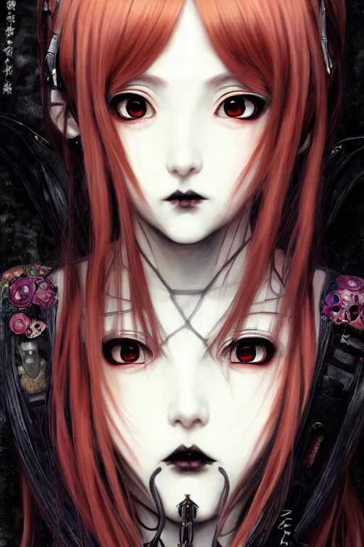 Image similar to portrait of beautiful young gothic anime maiden, cute-fine-face, pretty face, realistic shaded Perfect face, fine details. Anime, cyberpunk, Warhammer, highly detailed, cyberpunk, Warhammer, highly detailed, cyberpunk, Warhammer, highly detailed, artstation, illustration, art by Ilya Kuvshinov and Gustav Klimt and Gustav Klimt and Gustav Klimt and Gustav Klimt