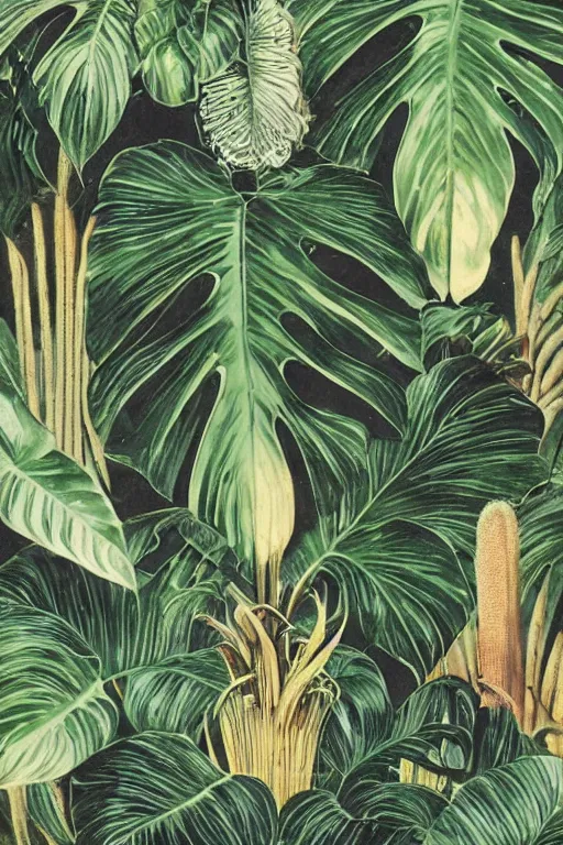 Prompt: vintage magazine advertisement depicting all of the tropical plants in the world, monstera!!!, in focus, sharp, smooth, by marius lewandowski, by ernst haeckel