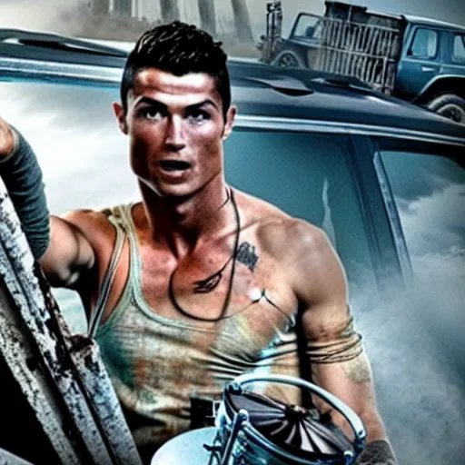 Image similar to cristiano ronaldo playing the drums in mad max fury road ( 2 0 1 5 ), movie still,