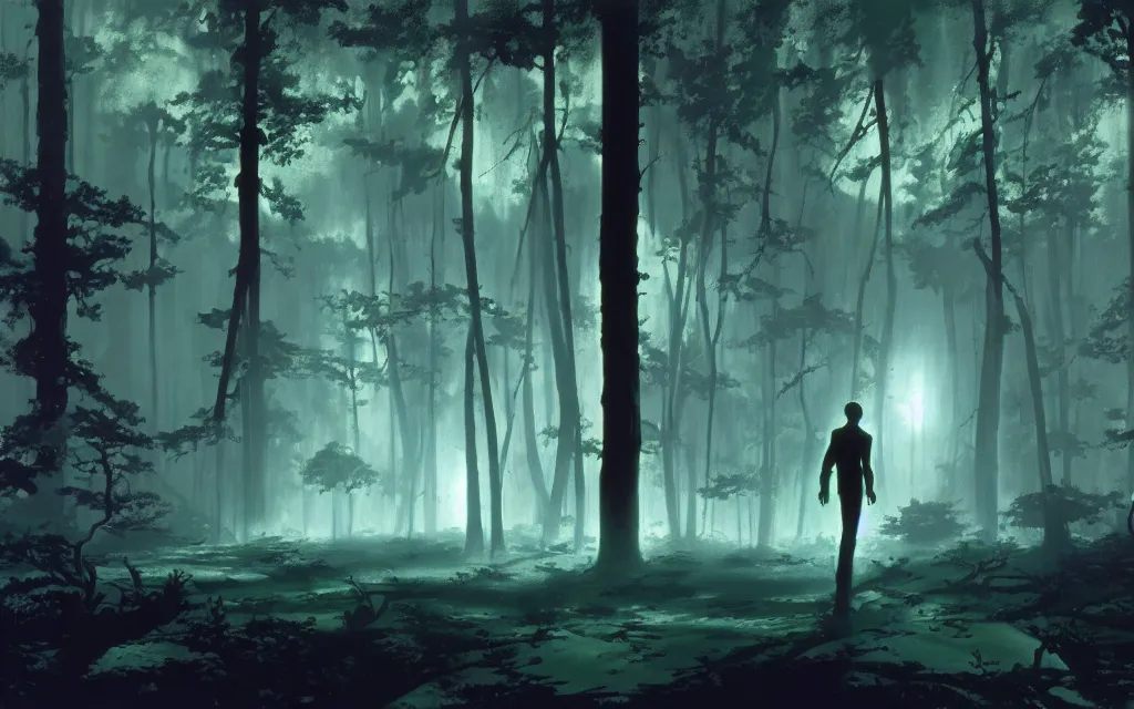 Image similar to sci-fi scene of a holographic giant hand floating in the middle of a dark forest, atmospheric, mysterious, mist, high detail, concept art, by syd mead and roger deakins