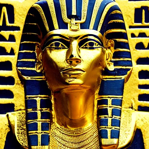 Image similar to a pharaoh that looks like donald trump, majestic, powerful, pyramids, anunaki, hieroglyphs, lush, rainforest, river, green, river god, wilbur smith, gold, trump tower