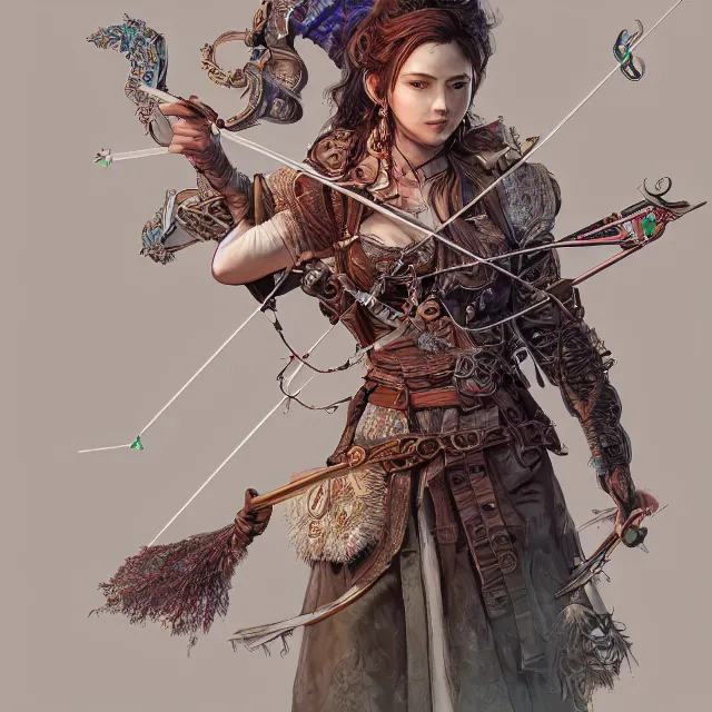 Image similar to the portrait of lawful neutral semi - colorful female archer huntress as absurdly beautiful, gorgeous, elegant, young woman, an ultrafine hyperdetailed illustration by kim jung gi, irakli nadar, intricate linework, bright colors, octopath traveler, final fantasy, unreal engine 5 highly rendered, global illumination, radiant light, detailed and intricate environment