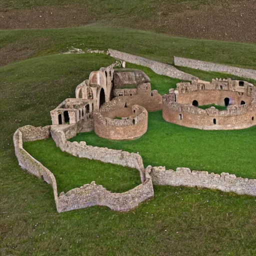 Image similar to a beautiful motte and bailey castle tilt shift perspective high resolution