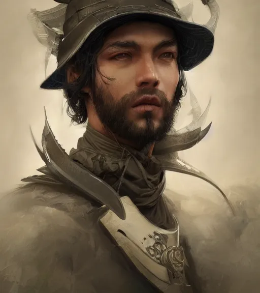 Image similar to portrait of male ranger, WLOP, James Jean, tom bagshaw, rococo, trending on artstation, glossy eyes, face, fantasy, intricate, elegant, highly detailed, digital painting, concept art, smooth, sharp focus, illustration, cinematic lighting, hyper realism, octane render, 8k, hyper detailed.