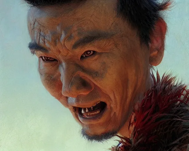 Prompt: closeup portrait of an asian scary man dressed as a chicken, highly detailed painting by gaston bussiere, craig mullins, j. c. leyendecker 8 k