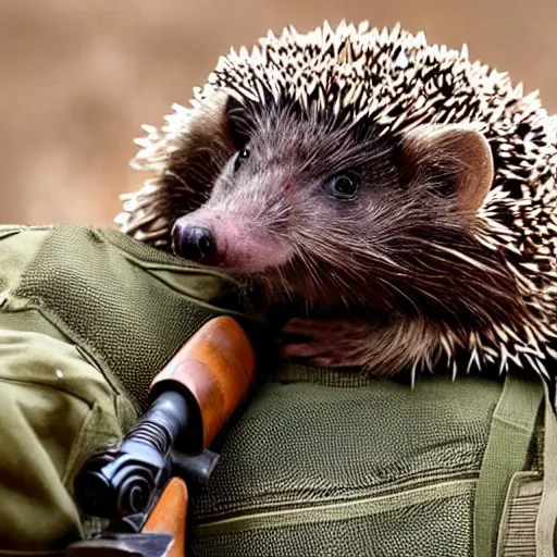 Prompt: still image of a hedgehog soldier wearing military gear, the hedgehog is holding a rifle, photo