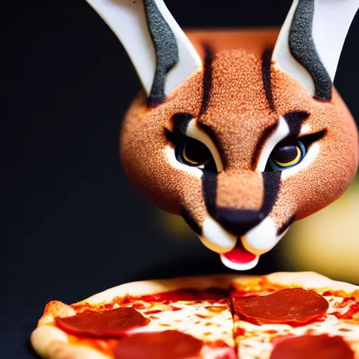 Image similar to a macro photo of cute caracal toy and a slice of pizza, cheese and pepperoni, hyper realistic, hyper detailed, 35mm, very grainy film, volumetric studio lighting, bokeh, black background award winning shot, vogue magazine, cinematic, 8k, very closeup, elegant, tender, pastel