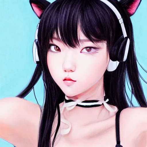 Image similar to realistic beautiful gorgeous natural cute Blackpink Lalisa Manoban black hair cute fur black cat ears, wearing white camisole, headphones, black leather choker artwork drawn full HD 4K highest quality in artstyle by professional artists WLOP, Taejune Kim, Guweiz on Pixiv Artstation