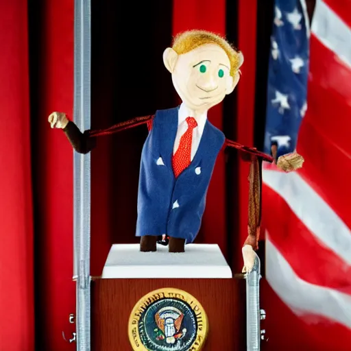 Image similar to puppeteer using marionette of a president in a podium