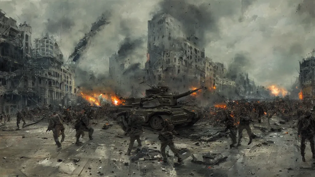Prompt: a painting of jeremy mann, street view of a world war ii skirmish between army soldiers crowds, battle tanks burning from afar, 1 9 4 0 buildings damaged, action shot, dramatic vignette, dramatic lighting, dreamy, misty, desaturated, ominous, unsettling
