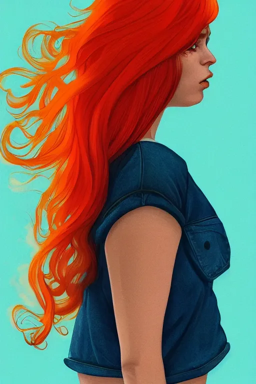 Image similar to a award winning half body portrait of a beautiful caucasian woman in a croptop and cargo pants with ombre orange blue teal hairstyle with head in motion and hair flying by martine johanna, outrun, vaporware, digital art, trending on artstation, highly detailed, fine detail, intricate