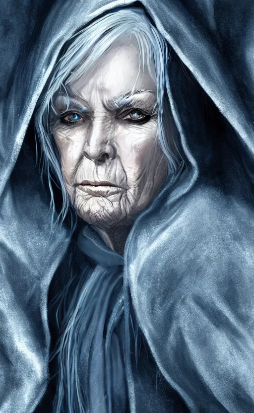 Image similar to an older woman with silver hair and piercing blue eyes. she's wearing a dark, hooded cloak and looks like she knows her way around a sword, dynamic lighting, photorealistic fantasy concept art, trending on art station, stunning visuals, creative, cinematic, ultra detailed