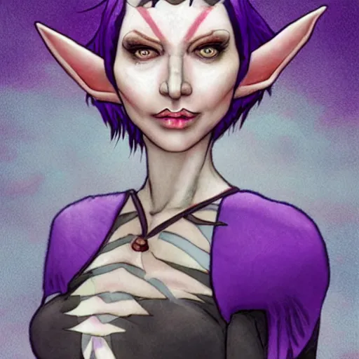 Image similar to a frightening, beautiful elf with violet skin, a scarred face, a bob haircut, and bushy eyebrows, smirking, in the style of gary frank