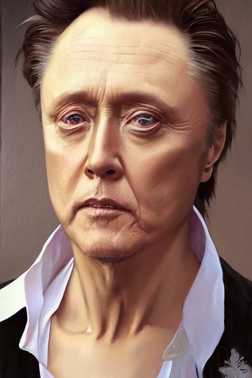 Prompt: portrait of christopher walken with a pierced eyebrow and goatee, high quality painting by artgerm and greg rutkowski and alphonse mucha