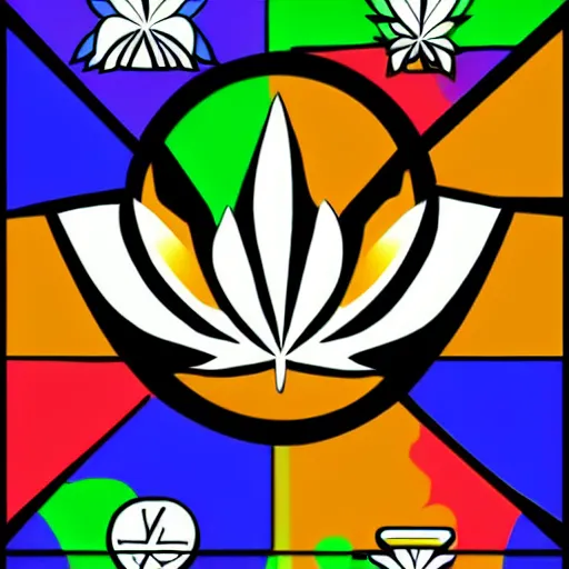 Image similar to logo for cannabis company with amazing powers, colorful mantric super hero, buddah