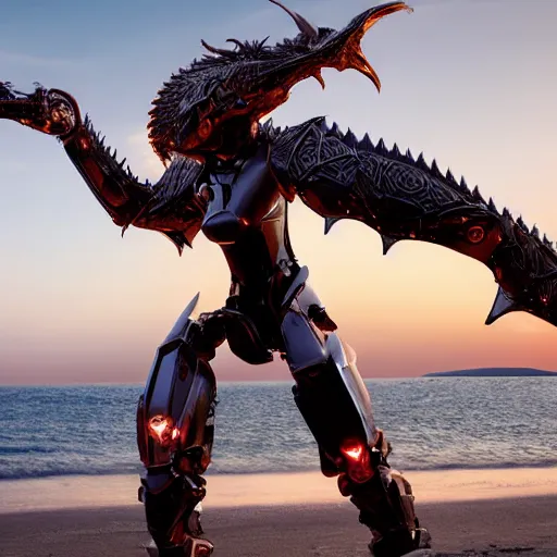 Image similar to cinematic body shot, realistic detailed stunning beautiful armored humanoid anthropomorphic female robot dragon, looking to the side with an elegant pose of hand on hip, smooth and streamlined armor and design made of steel, sharp claws and sharp teeth, high quality head, Slick LEDs, on the beach during sunset, high quality, cinematic art, sci fi, sunset lighting, 3D render, 8k, artstation, deviantart, furaffinity