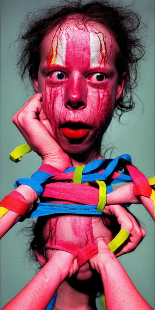 Image similar to award winning photo of todd solondz tied up crying, vivid colors, happy, symmetrical face, beautiful eyes, studio lighting, wide shot art by sally mann & arnold newman