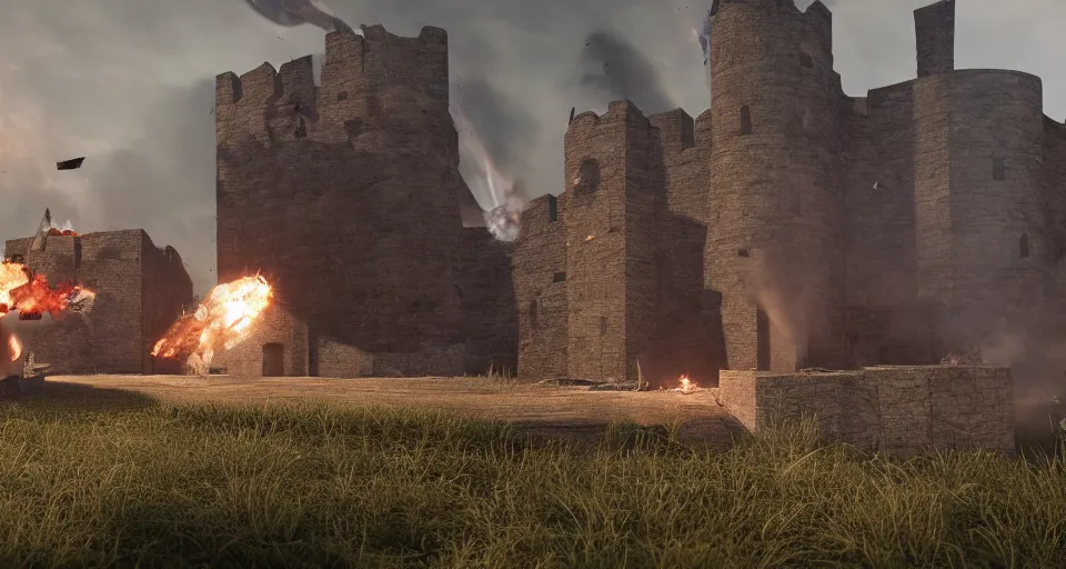 Prompt: tribuchets fireing on a medieval fortress, destroying the walls, fire and explosion, debris flying around, octane render, unreal engine