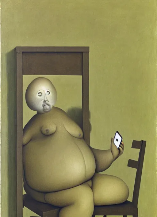 Image similar to fat man sitting on chair looking at his smartphone, hysterical, sweat, fat, frustrated, art by gertrude abercrombie hans bellmer
