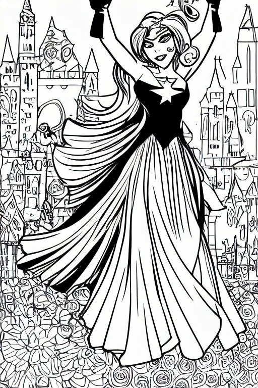 Prompt: figure princess superhero punching crime in a ballgown, flowers, disney, marvel, cape, dress, powerful, beautiful, in the coloring book style, black and white, simplified, minimal