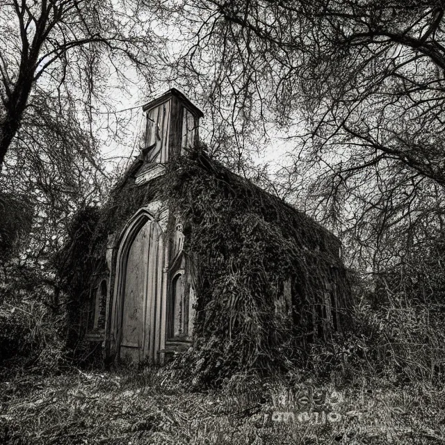 Image similar to abandoned church with overgrown vegetation, vintage infra red photograph