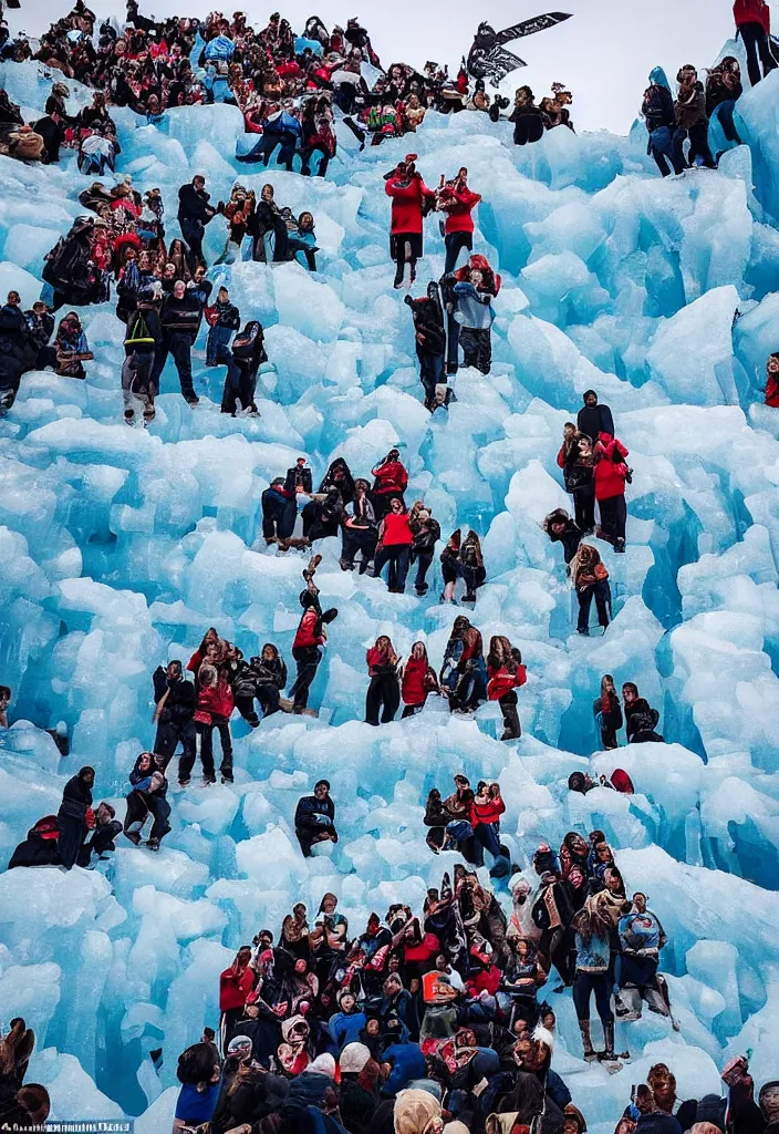 Image similar to pregnant woman at the top making an epic speech to a proud of warrior crowd hearing from bellow, ice cave, facinating, epic, masterpiece