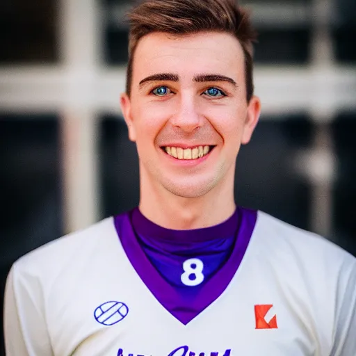 Prompt: photographic portrait of a young white male smiling with short brown hair that sticks up in the front, blue eyes, groomed eyebrows, tapered hairline, sharp jawline, wearing a purple white volleyball jersey, sigma 85mm f/1.4, 15mm, 35mm, 4k, high resolution, 4k, 8k, hd, full color